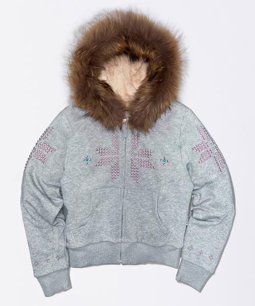 Fur Trimming Hooded Zip-Up Melange Gray