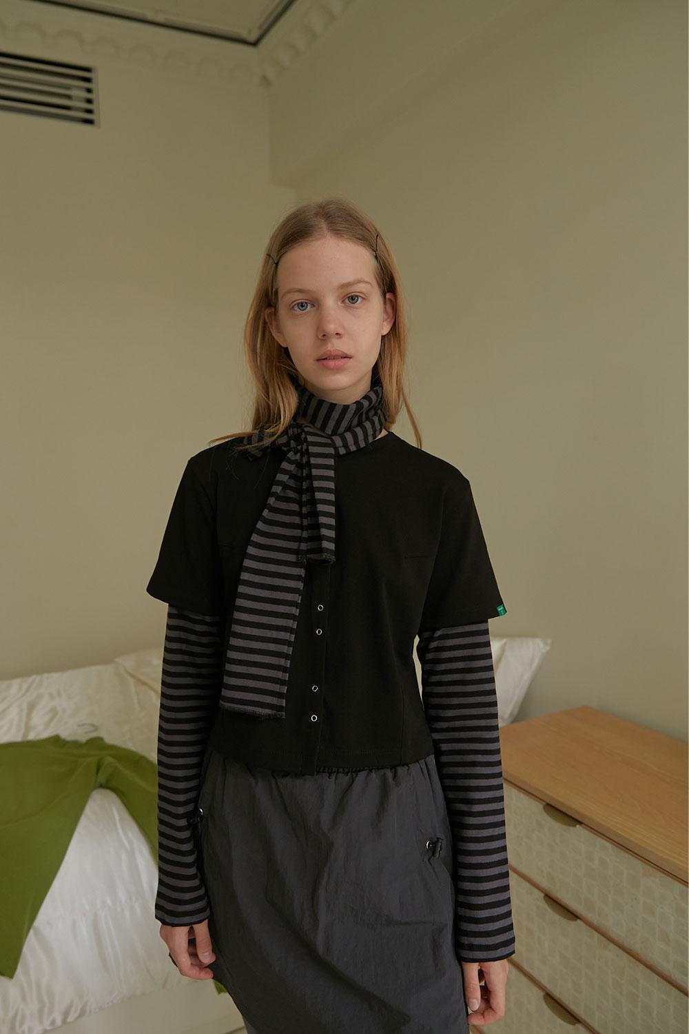 [9월 30일 예약발송]Striped sleeve cardigan(+muffler) _ Black