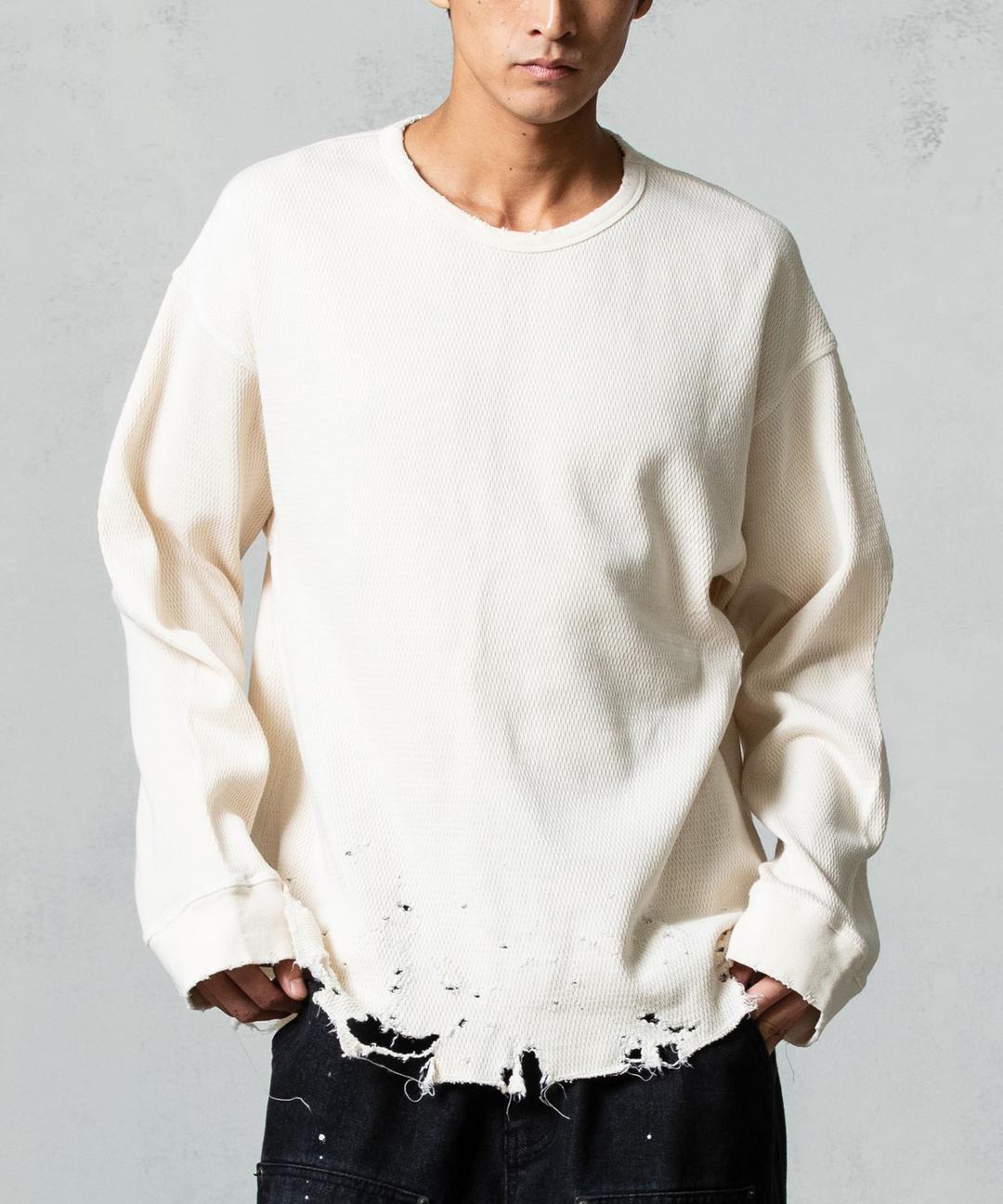 Distress Texture Waffle Long Sleeve_Vintage Ivory