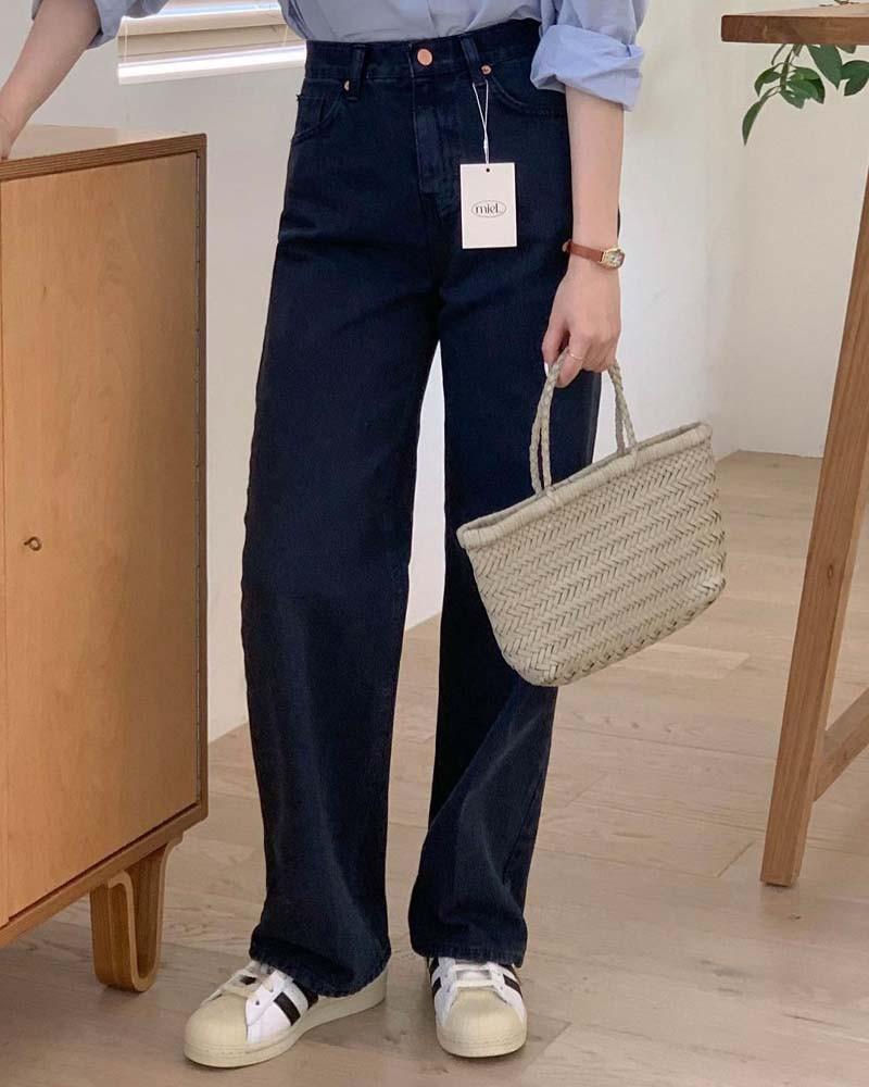 [M당일/무료배송] 미엘 mielle 031다잉 네이비 팬츠 코튼 컬러 세미 일자 와이드 데님