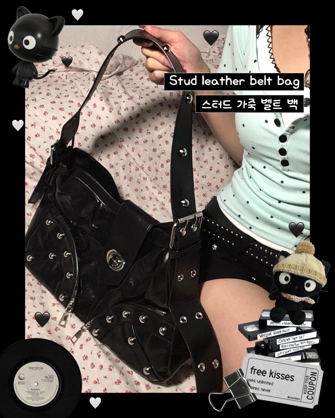 스터드 가죽 벨트 백