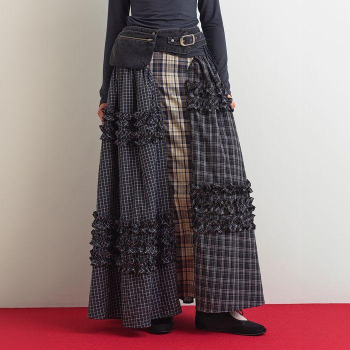 UNBALANCE FRILL MAXI SKIRT - CHECK