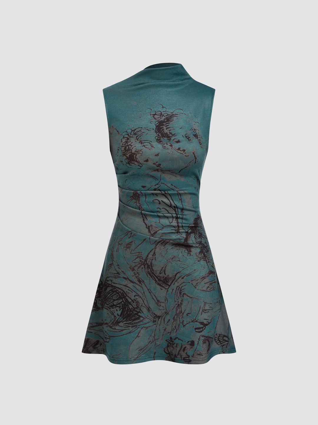 Stand Collar Figure Graphic Ruched Mini Dress