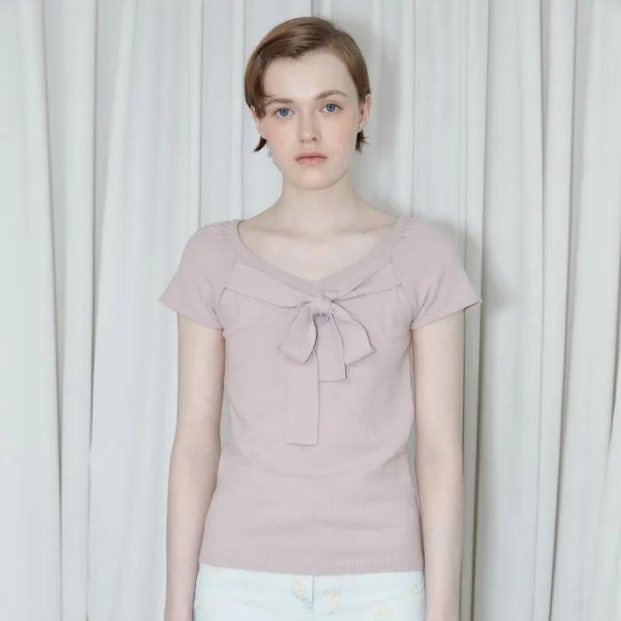 Ribbon Tie Slim Knit Top (Mute Pink)