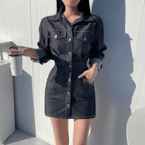 이염방지) 페다 버튼 데님 원피스  (  미니 청 긴팔 포켓  카라넥 셔츠 스커트 )
