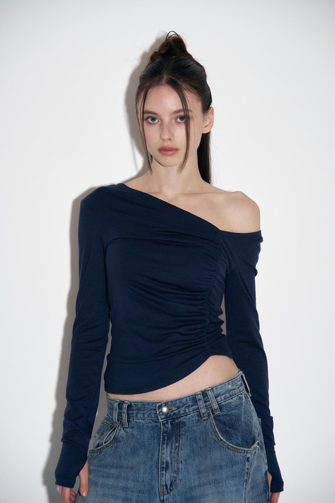 Hayden Unbal Shirring Long Sleeve Top (Blue Navy)