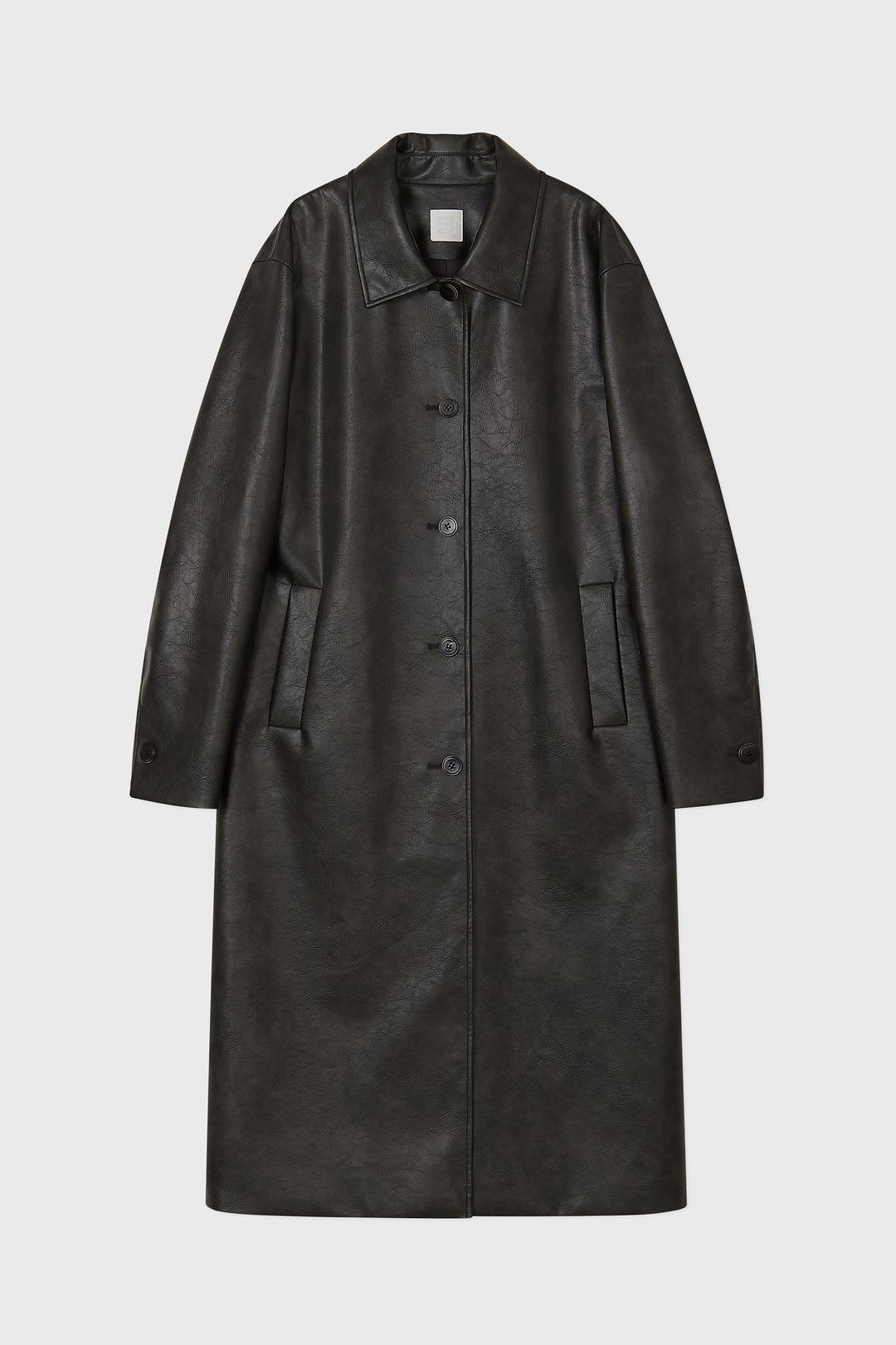 VEGAN LEATHER MAXI COAT, (DARK BROWN)