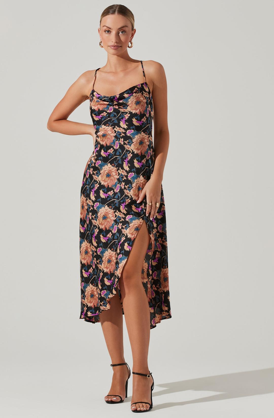 Gaia Floral Midi Dress - Black tan floral / XS