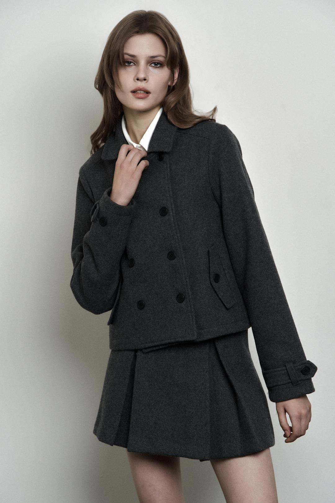 PLAIN WOOL DOUBLE COAT CHARCOAL