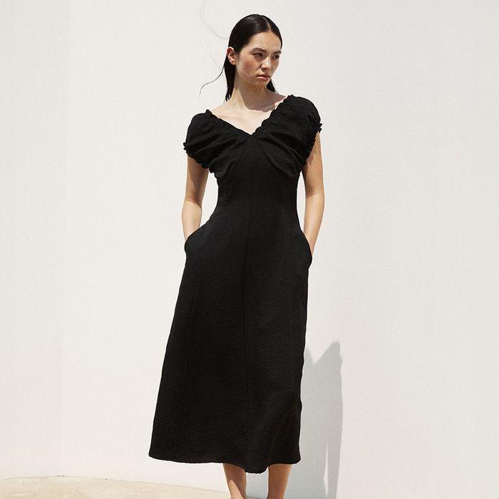 OFF SHOULDER PLEATED DRESS BLACK