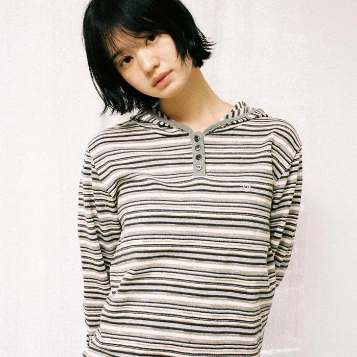 STRIPE KNIT HOODIE [BEIGE]