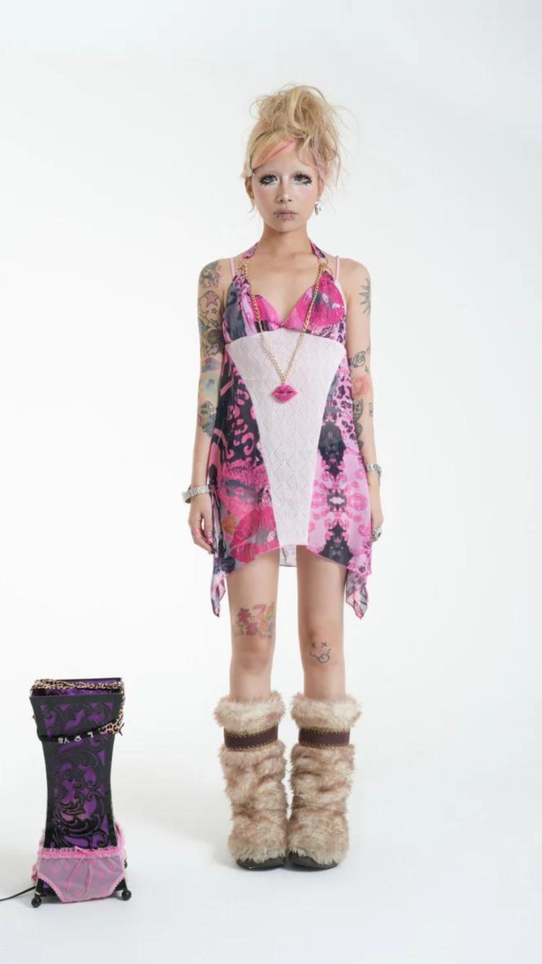 [SHIN1MARU9] LIP PRINT LEOPARD SLIP DRESS