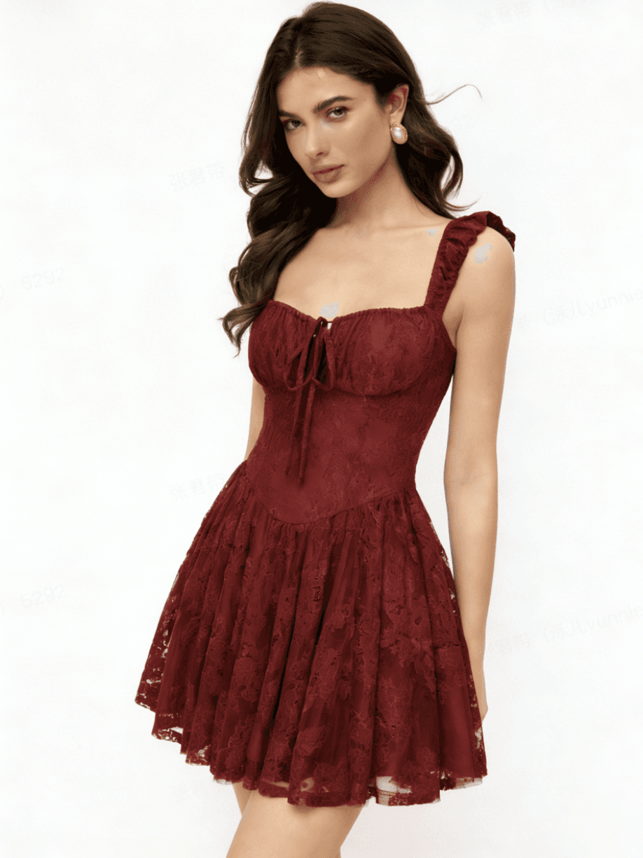 Cotton-blend Sweetheart Floral Lace Knotted Tank Mini Dress