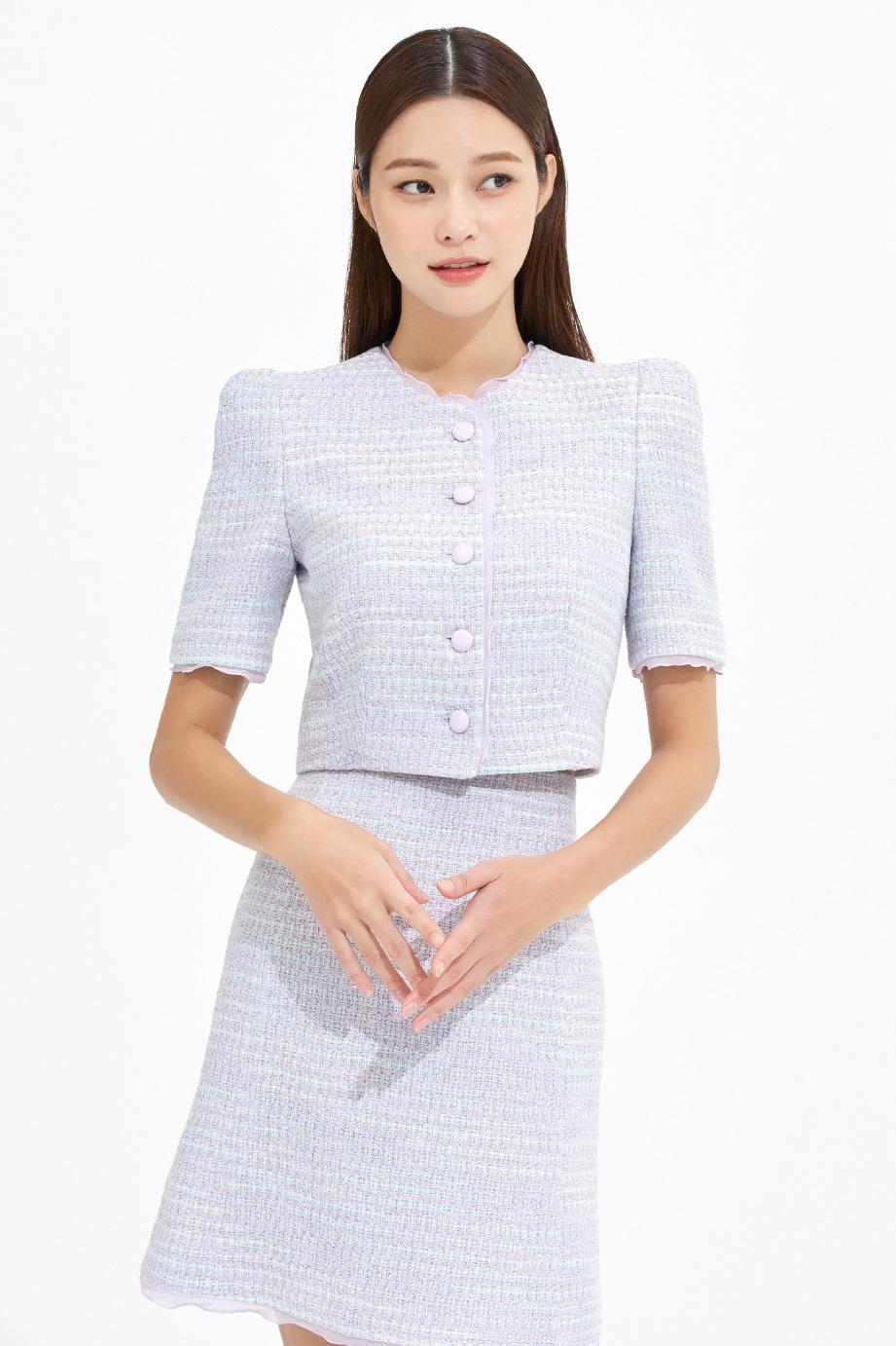 TWEED SILK CHIFFON TRIM CROP JACKET