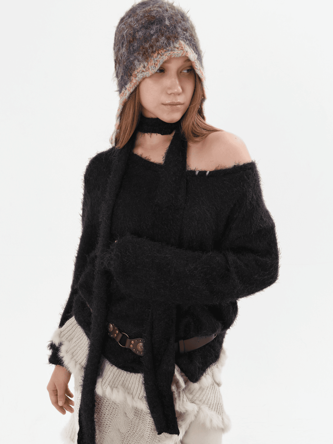 [블루클로젯 X 오운서] My Granny Stitch Angora Scarf Knit_ Black(스카프 포함)
