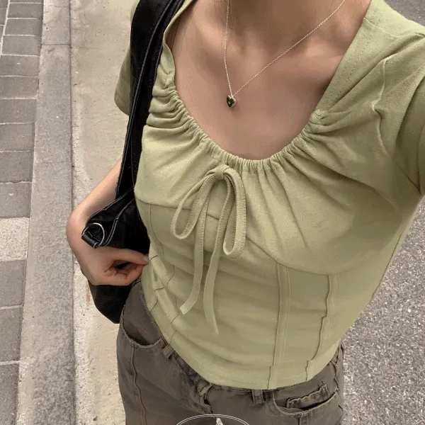 [신상할인🥨] 허그 반팔 티셔츠 4color 셔링 리본 절개 반팔티