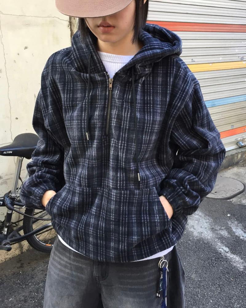 더치 체크 후드 후리스