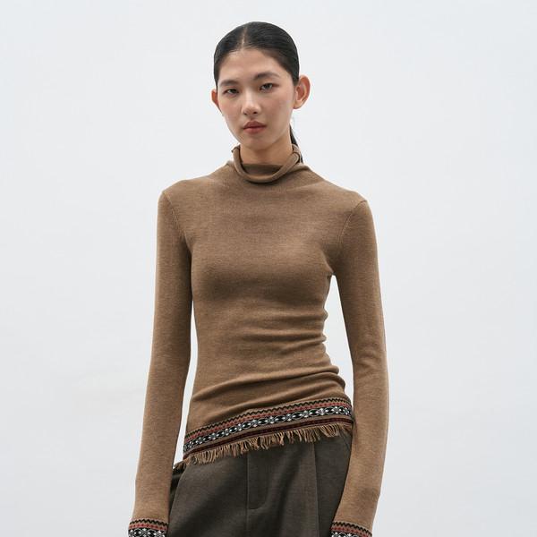 Fringe Trim Highneck Knit