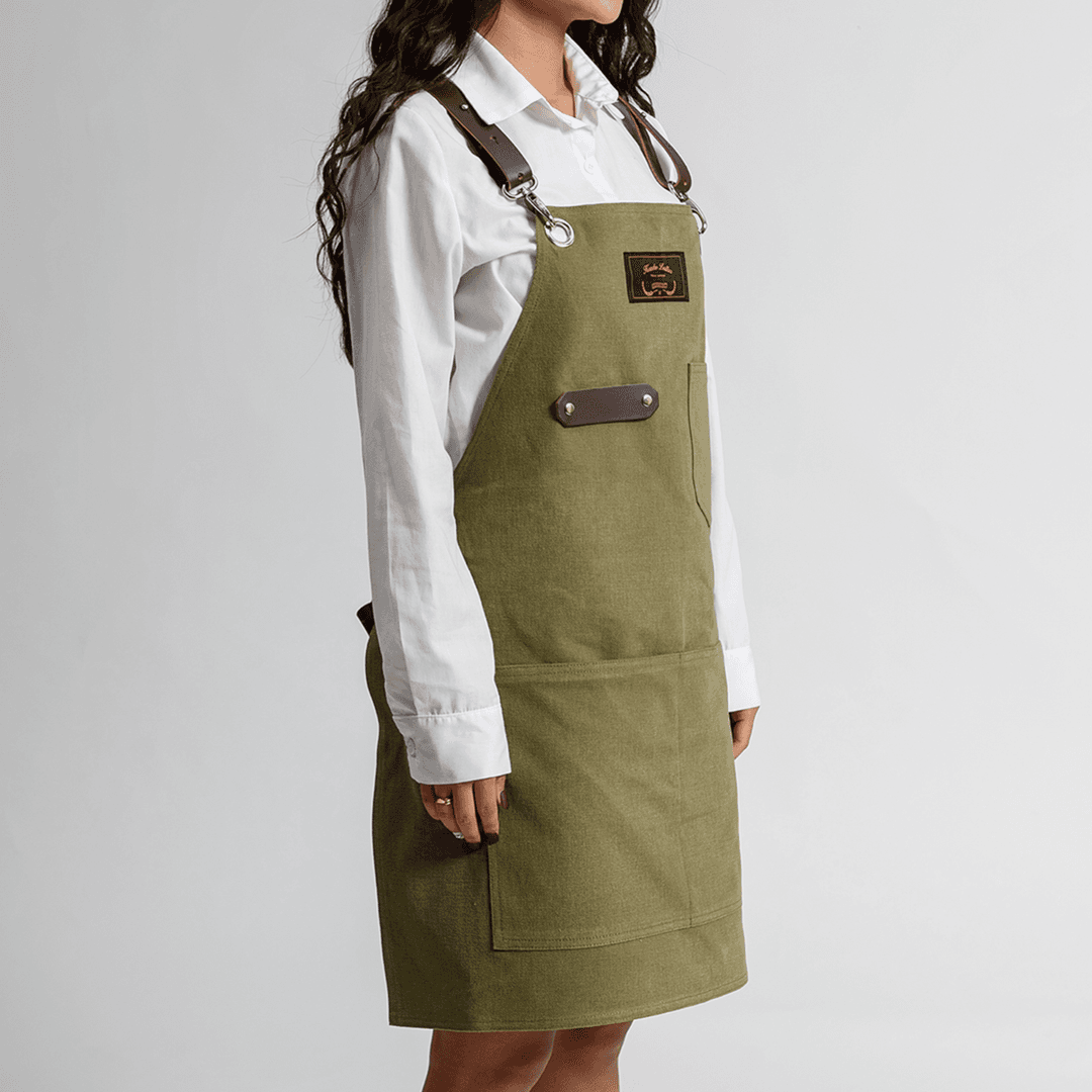 [이니셜각인 무료] 가죽데님앞치마 로져 카키