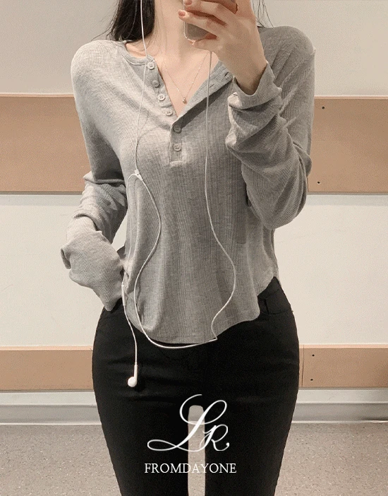 Made)셰도스 차르르 골지 긴팔티(라운드넥/버튼/밑단굴림/여리루즈핏/데일리룩/데이트룩/여친룩/꾸안꾸)