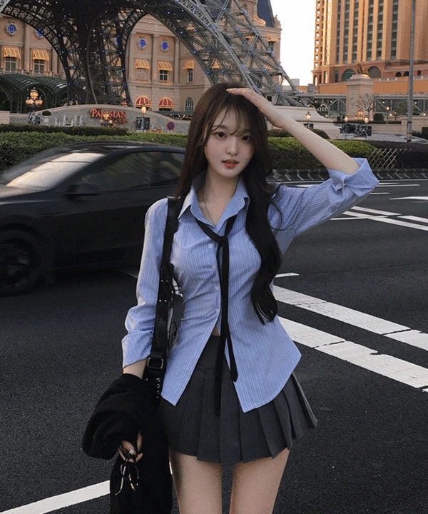 [ 자체제작/ 뒷밴딩 허리잘록 ] 에펠 스트라이프 봄 셔츠