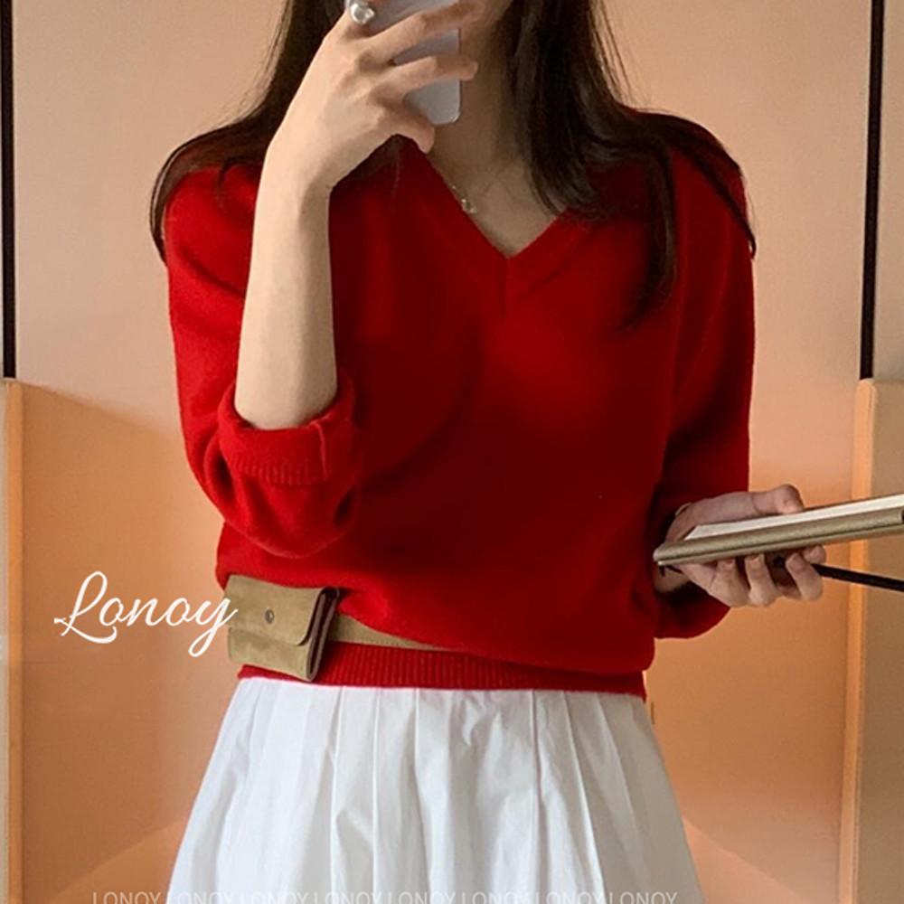 (당일) 미엘 리브드 니트 4ol 브이넥 여성 가을 울 캐시미어 레드 네이비 차콜 네이비 miel