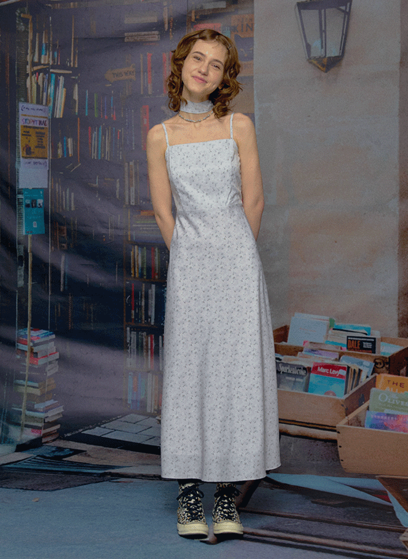 Misty Garden Slim Dress (Scarf Set / Light Gray)