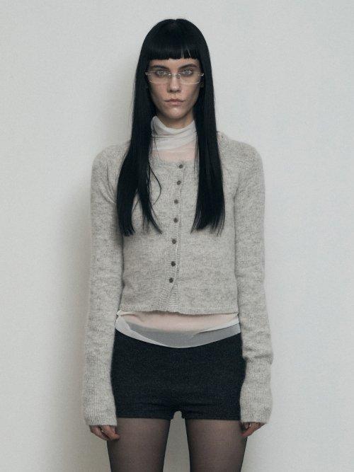 HAIRY ROUND NECK KNIT CARDIGAN, GRAY