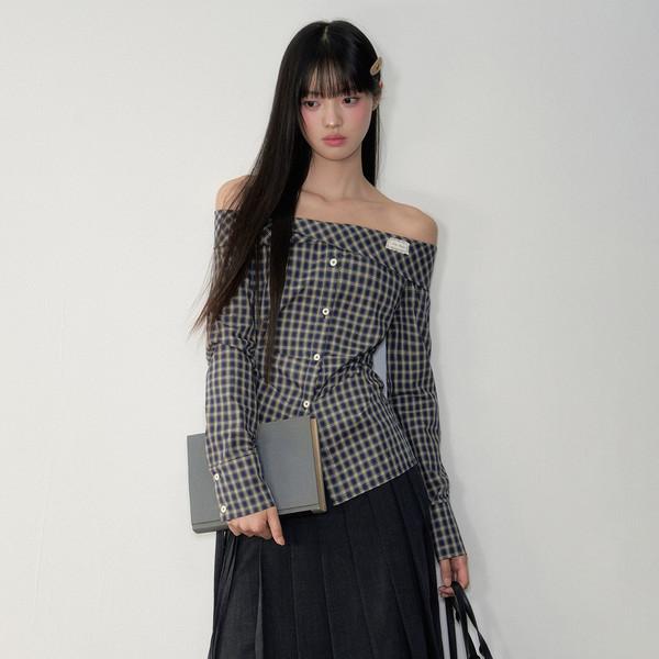 Crooked Check Off-Shoulder Shirt