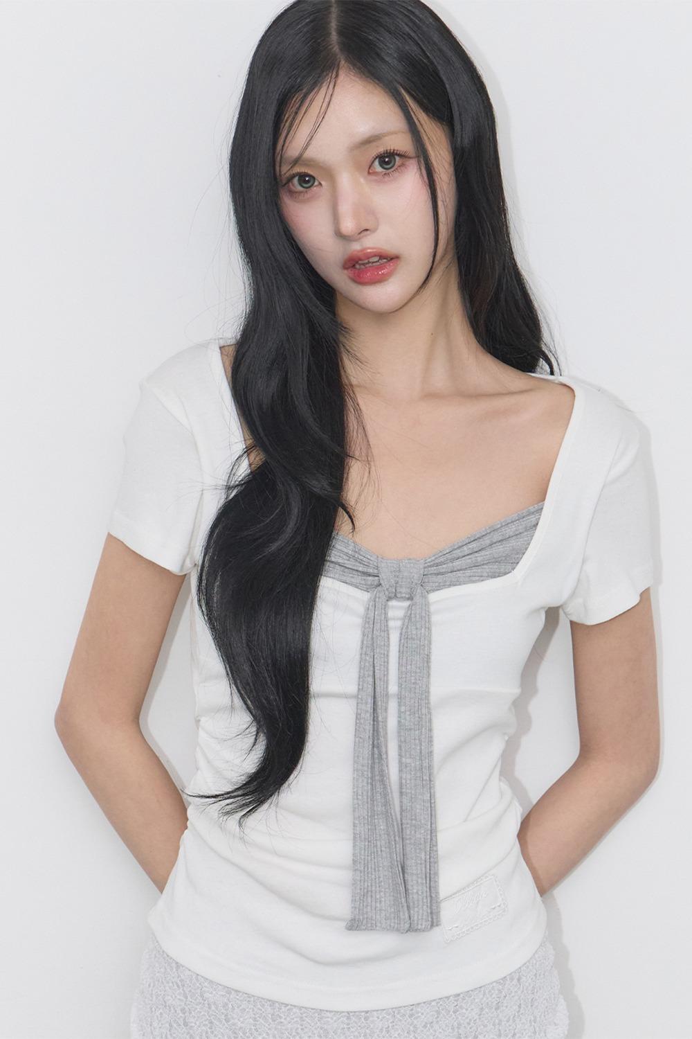 [04/27 예약발송] 레이어드 리본 타이 티셔츠 화이트
