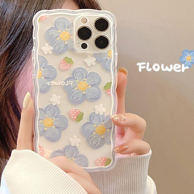 투명 딸기 플라워 아이폰 풀커버 물결 테두리 투명 귀여운 봄 심플 우정 실리콘 선물 핸드폰 휴대폰 애플 폰 케이스 아이폰케이스 SE2 X XR 11 프로 12 미니 13 프로맥스