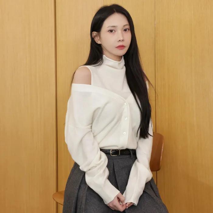 [앨리스펑크 착용] 프리미엄 캐시미어 터틀넥 슬리브리스 가디건 세트_IVORY