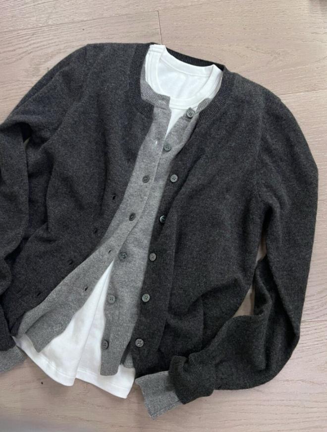 라운드넥 배색 페이크 가디건