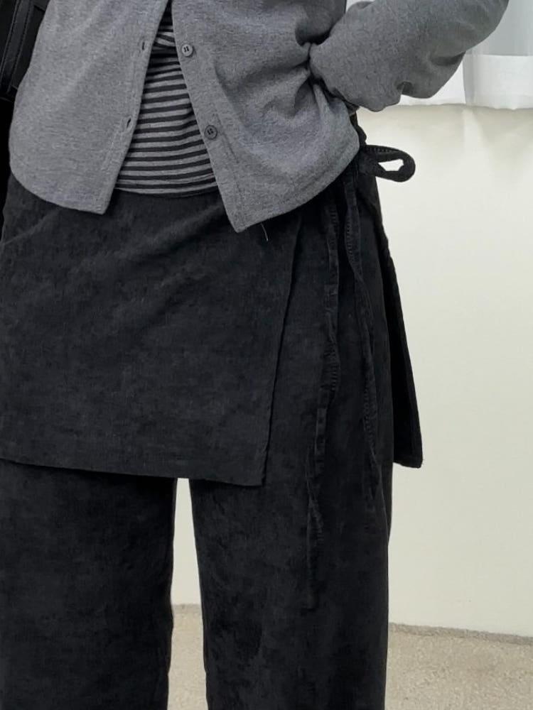 [set]테린 벨벳 기모 밴딩 랩스커트 팬츠 세트(블랙)