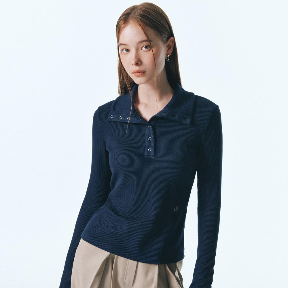 스냅 카라 긴팔 티셔츠_NAVY