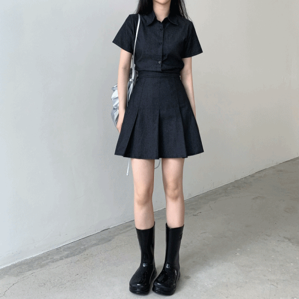 *당일*[단독가]러프 데님 플리츠 반팔 원피스_2color