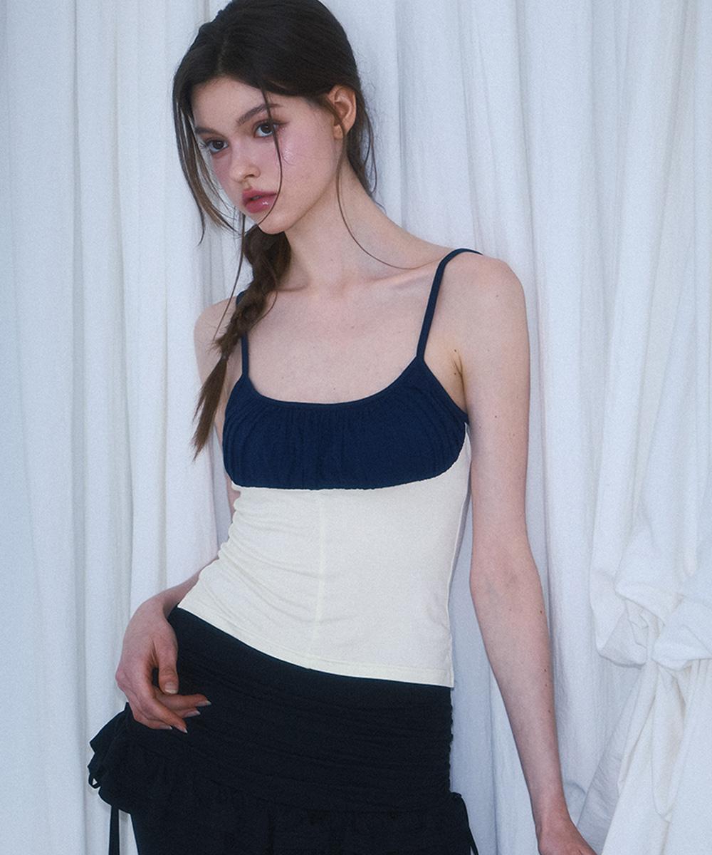 [7/7 예약발송] Two Color Shirring Sleeveless [Navy]