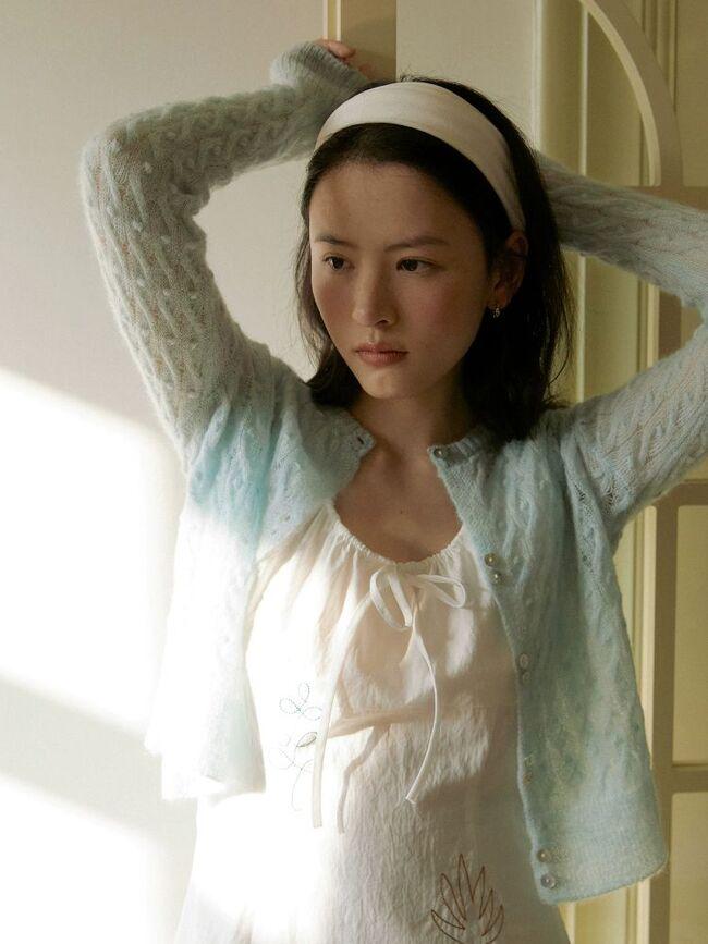 [LLANO] Sheer Mohair Blend Cable Knit Cardigan