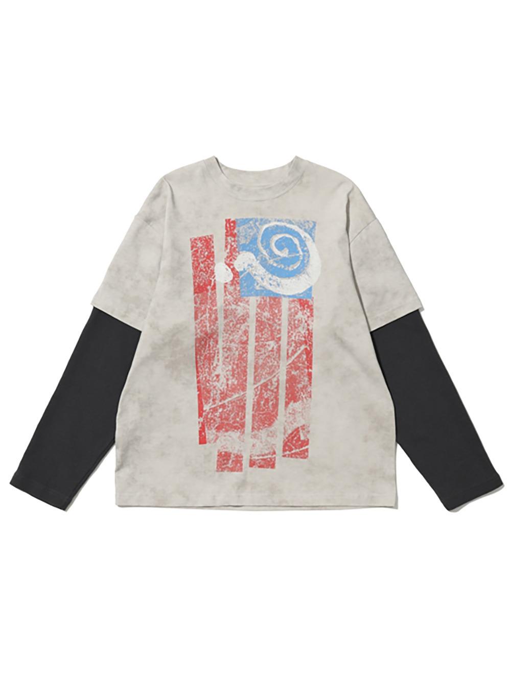 [VULCAN] Vintage Flag Print Layered Long Sleeve Tee