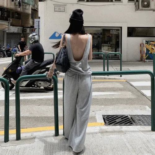 [세트]나츠메 백오픈 민소매 끈나시 밴딩 와이드 트레이닝 팬츠