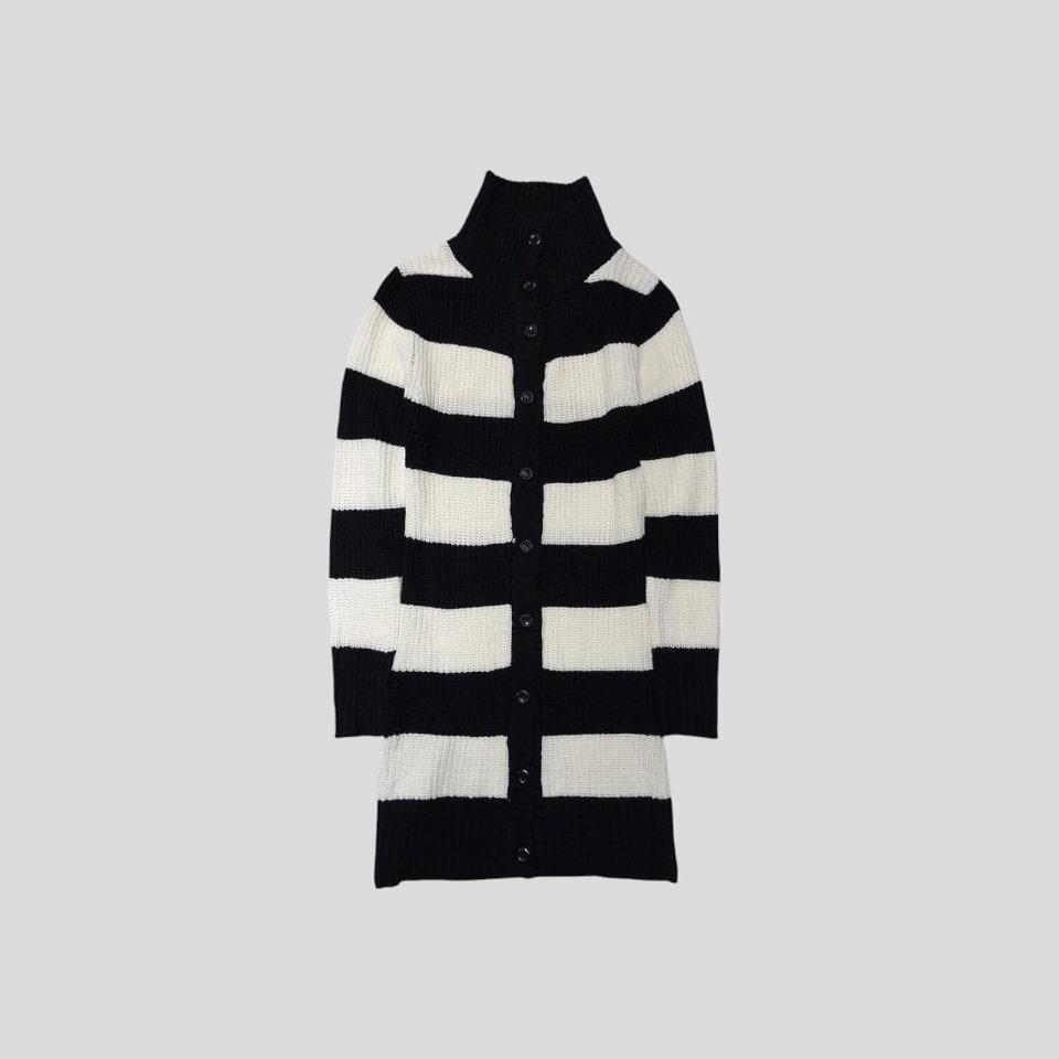 빈티지 JP 블랙 화이트 스트라이프 패턴 아크릴 하이넥 니트 가디건 S