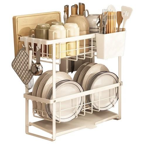 Rakumin 식기건조대2단 측면 물빠짐형 미니 식기건조대 슬림형 설거지 건조대 싱크대 그릇건조대 주방 다용도 멀티선반 도마 꽂이+수저통+칼꽂이 올인원 세트