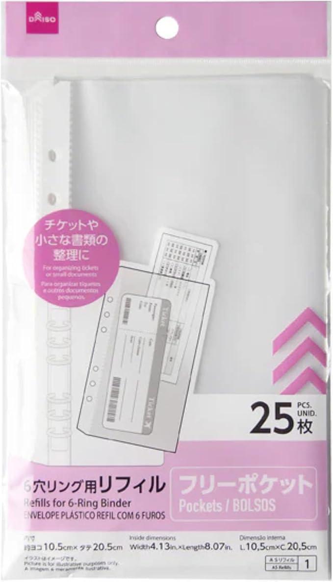 Clear Pocket Refills for 6-Hole Rings, Pack of 25, Free Pocket Type, Transparent Refills for Binders, Tickets and Cards Organization