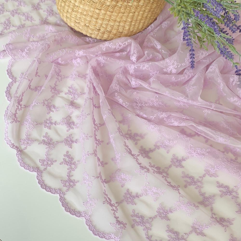 [망사] 플라워리프 자수 레이스 원단 연보라 컬러 레이스