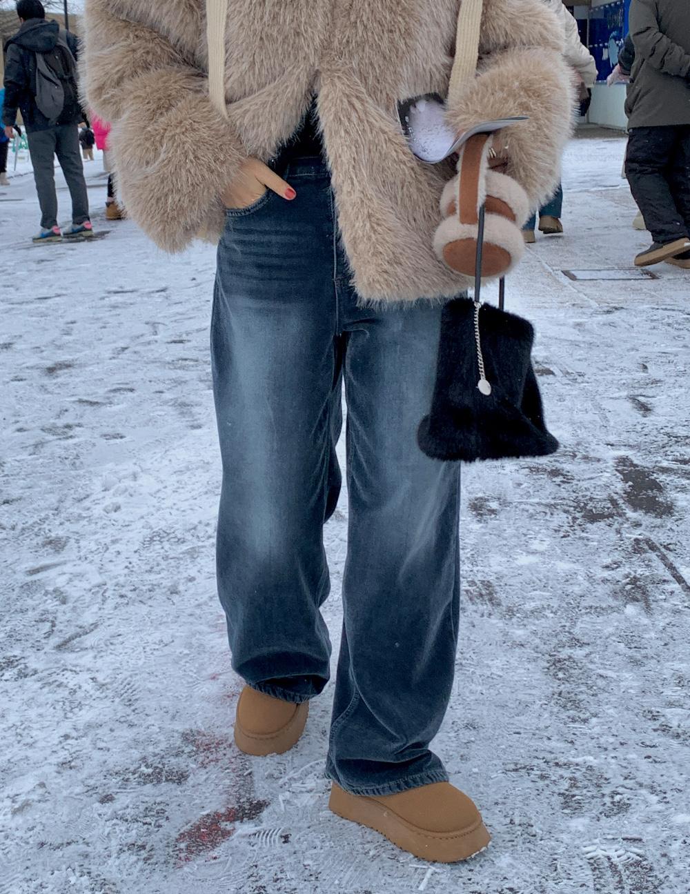 딥블루 기모 벨벳 데님팬츠