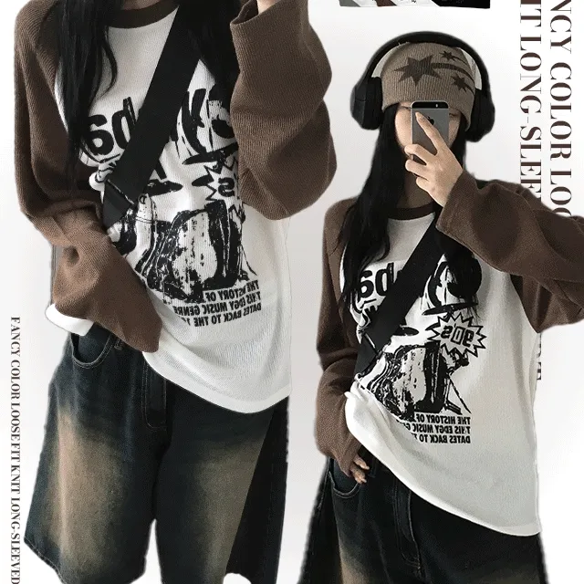 🚀당일배송｜오후 2시 전 주문🚀1+1할인[나그랑/빈티지무드] 팬시 배색 루즈핏 니트긴팔티