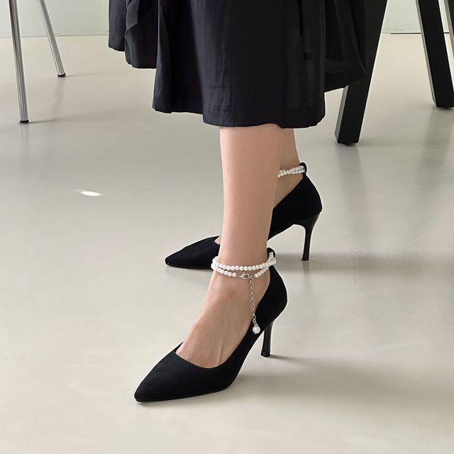 [분위기깡패/고급우아] 폭신 스웨이드 진주 스트랩 스틸레토 펌프스 하이힐-3231