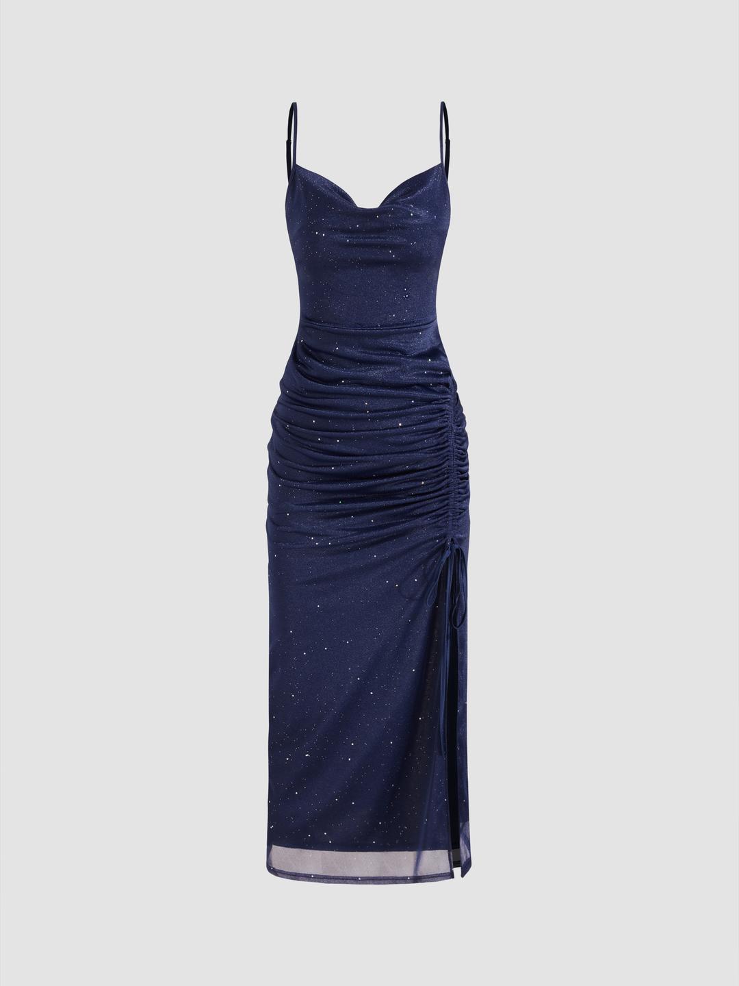 Cowl Neck Glitter Ruched Split Drawstring Maxi Dress