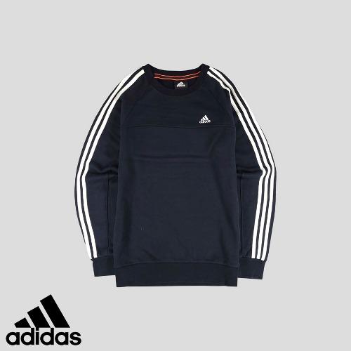 아디다스 블랙 화이트 삼선 에센셜 코튼혼방 스웻 맨투맨 티셔츠 S