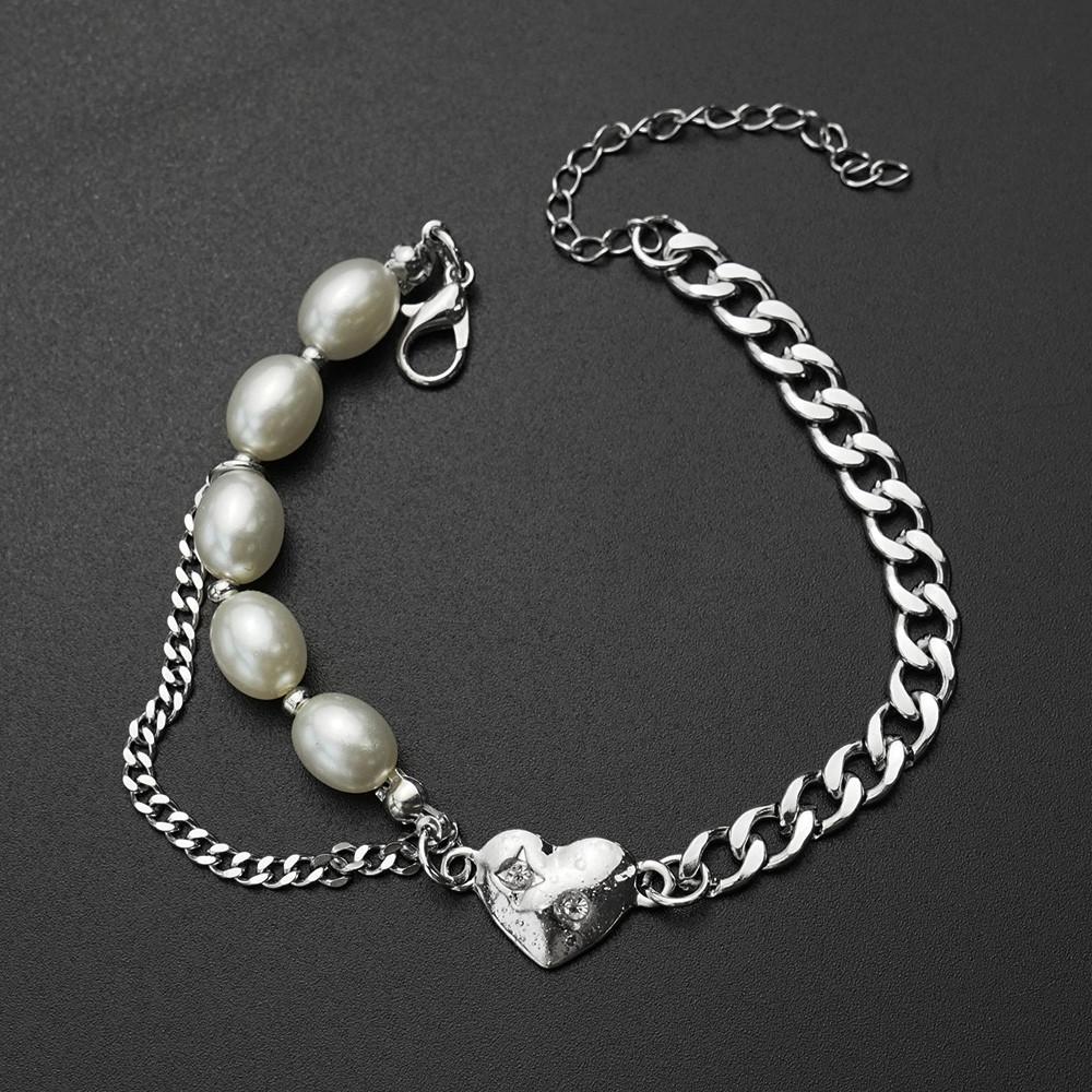 하트 포인트 진주 반반 체인 패션 팔찌 B-0079